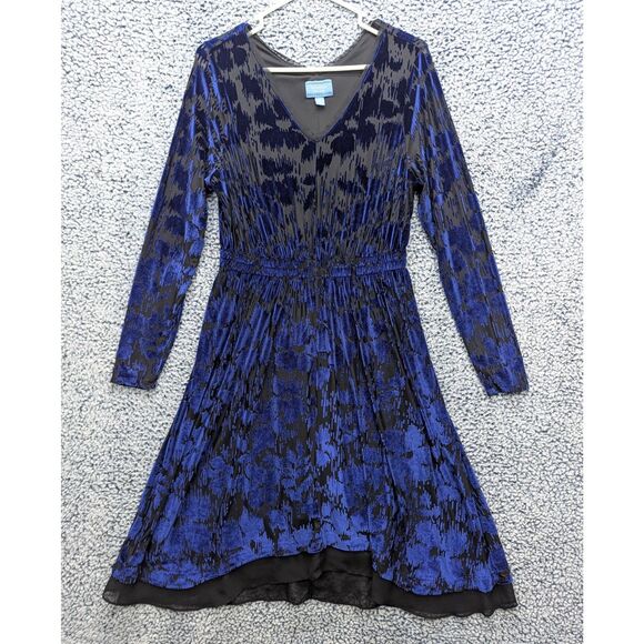 Simply Vera Wang Burnout Velvet Midi Dress Size M Long Sleeve V Neck Dark Blue - Picture 1 of 11